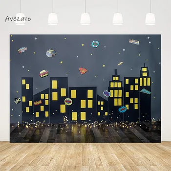 Avezano Zemin Fotoğraf Süper Kahraman Şehir İnşa Gece Glitter Gökyüzü Yıldız Çocuklar Doğum Günü Partisi Arka Plan Fotoğraf Stüdyosu Photozone