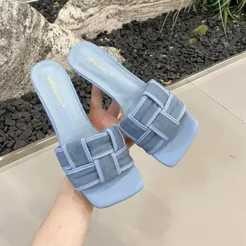 Yeni Mavi Kare Ayak Denim Terlik Yaz Ayakkabı Düşük Topuk Bayanlar Moda Açık Slaytlar Katır Üzerinde Kayma Basit Zapatillas