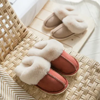 2023 Kış Sıcak Ev Kürk Terlik Kadın Faux Süet Peluş Çift pamuklu ayakkabılar Kapalı Yatak Odası Düz Topuklu Kabarık Terlik