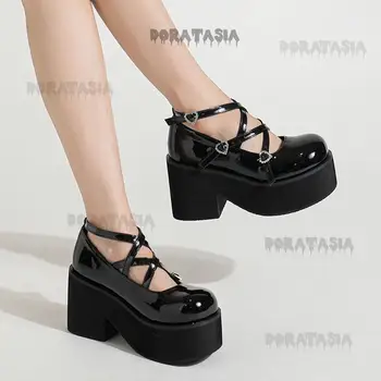 Platform Kalın Alt Kadın Mary Jane Ayakkabı Çapraz Kayış Toka 2023 Kış Yeni Lolita Ayakkabı Cosplay Moda Lüks Bayan Pompaları