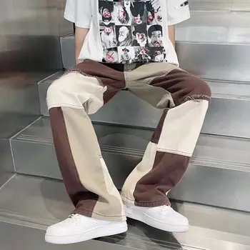 Erkekler için Kot Pantolon Hip Hop Bej Düz Pantolon Eklenmiş Erkek Kovboy Pantolon Artı Boyutu Yüksek Kaliteli 90s Streetwear Trend 2023 Düzenli